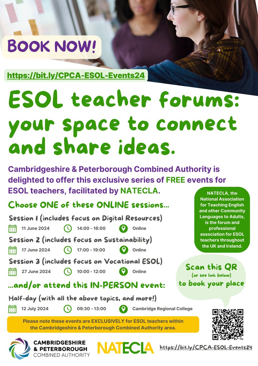 PaulSceeny_AdEd's tweet photo. Really pleased @NATECLA is working with @CambsPboroCA to facilitate several #ESOLTeacherForums over next few weeks, culminating in a F2F event on Fri 12 July. 

For details - https://t.co/KA5sM5SbS3

*NB: these events are intended for #ESOL practitioners within CPCA's catchment* https://t.co/IRlpEH1sJY