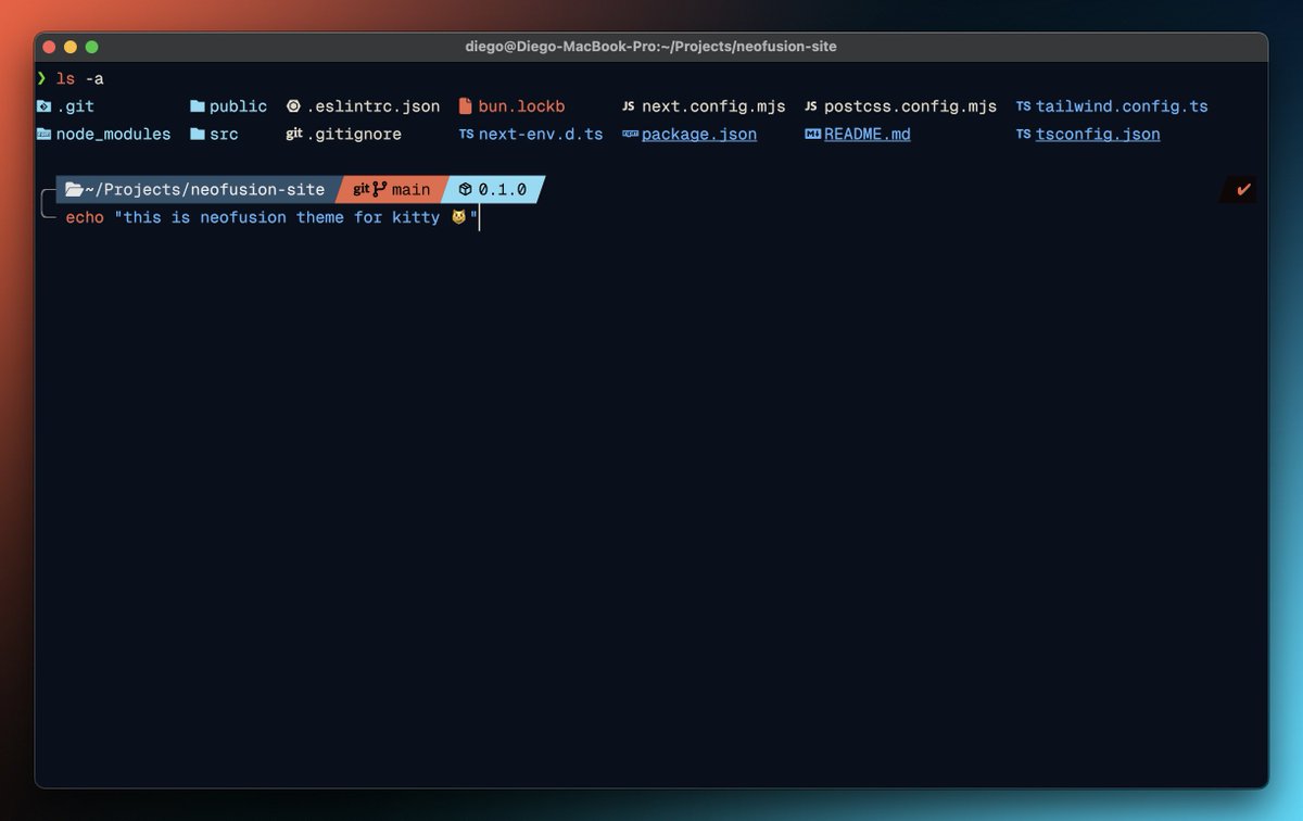 diegoulloao's tweet image. Great news! Neofusion theme is now live for Kitty terminals. Upgrade your terminal aesthetics now! 🔥🔥

Get the theme ✨⬇️
github.com/diegoulloao/ne…

#kittyterminal #terminal #neofusion #theme #colorscheme #cli #developers #dev #coding #programming