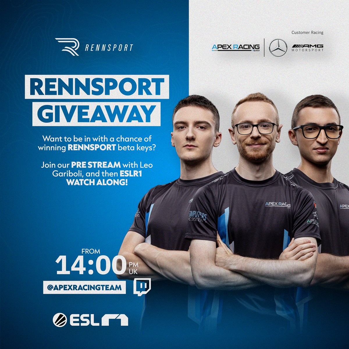 apexracingteam's tweet photo. #ESLR1 - We're giving away @RENNSPORT_gg beta keys on today's stream! 🤩

📺 Join our pre-stream with @LeoGariboli, and then @esl_r1 action after from Monza 🇮🇹

⏰ 14:00
🔗 https://t.co/MlGQN2yCx8 https://t.co/Sxw7ylCKg6