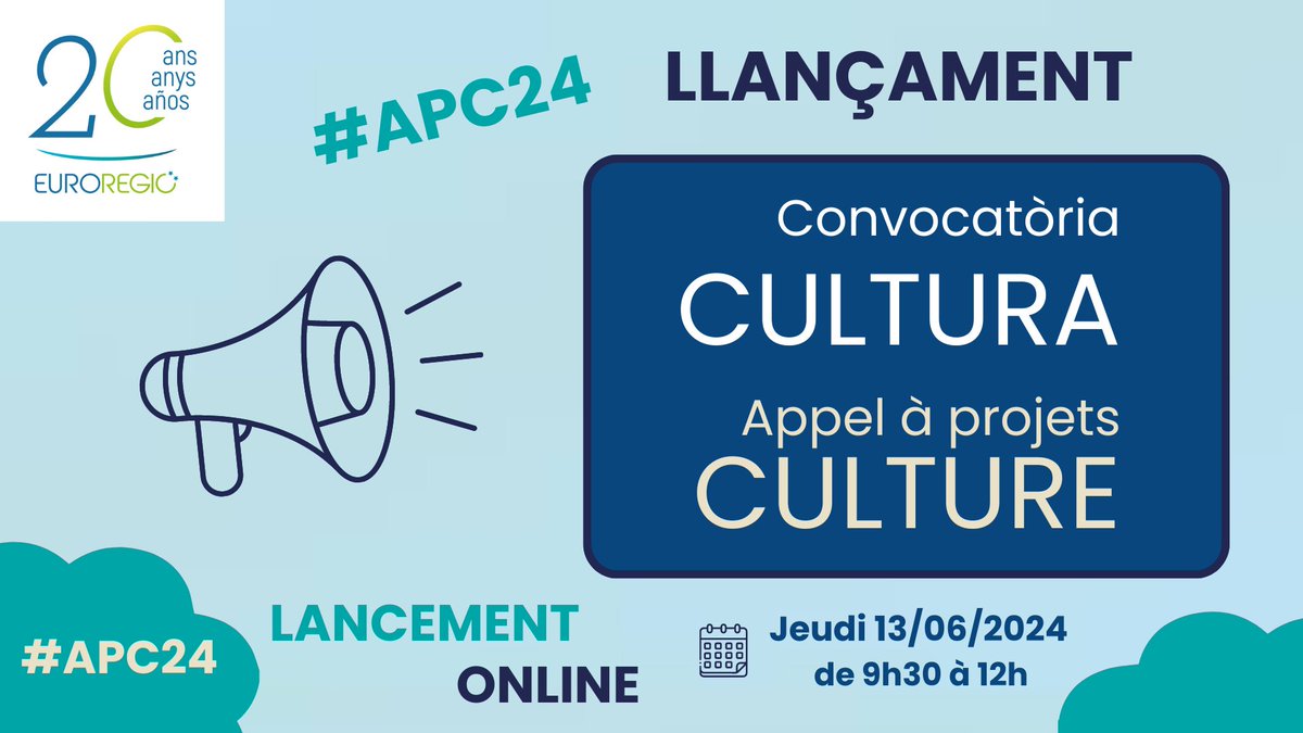 Euroregion's tweet image. #APC24

📢 Inscrivez-vous vite au webinaire de lancement de l'appel à #projets #Culture de l'#euroregion !

📅 13/06/24 - 9h30

▶ Bases / inscriptions euroregio.eu

💻 Registreu-vos ja pel webinari de presentació de la #convocatoria #Cultura 2024 de l'#euroregio!