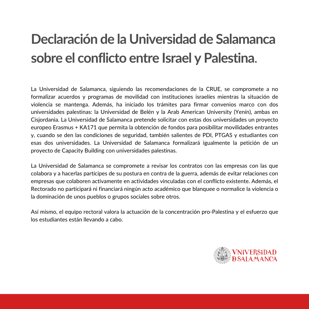 usal's tweet photo. Declaración de la Universidad de Salamanca sobre el conflicto entre Israel y Palestina. 

➡️ https://t.co/DO1ywKxbzz https://t.co/caewy1SSYA