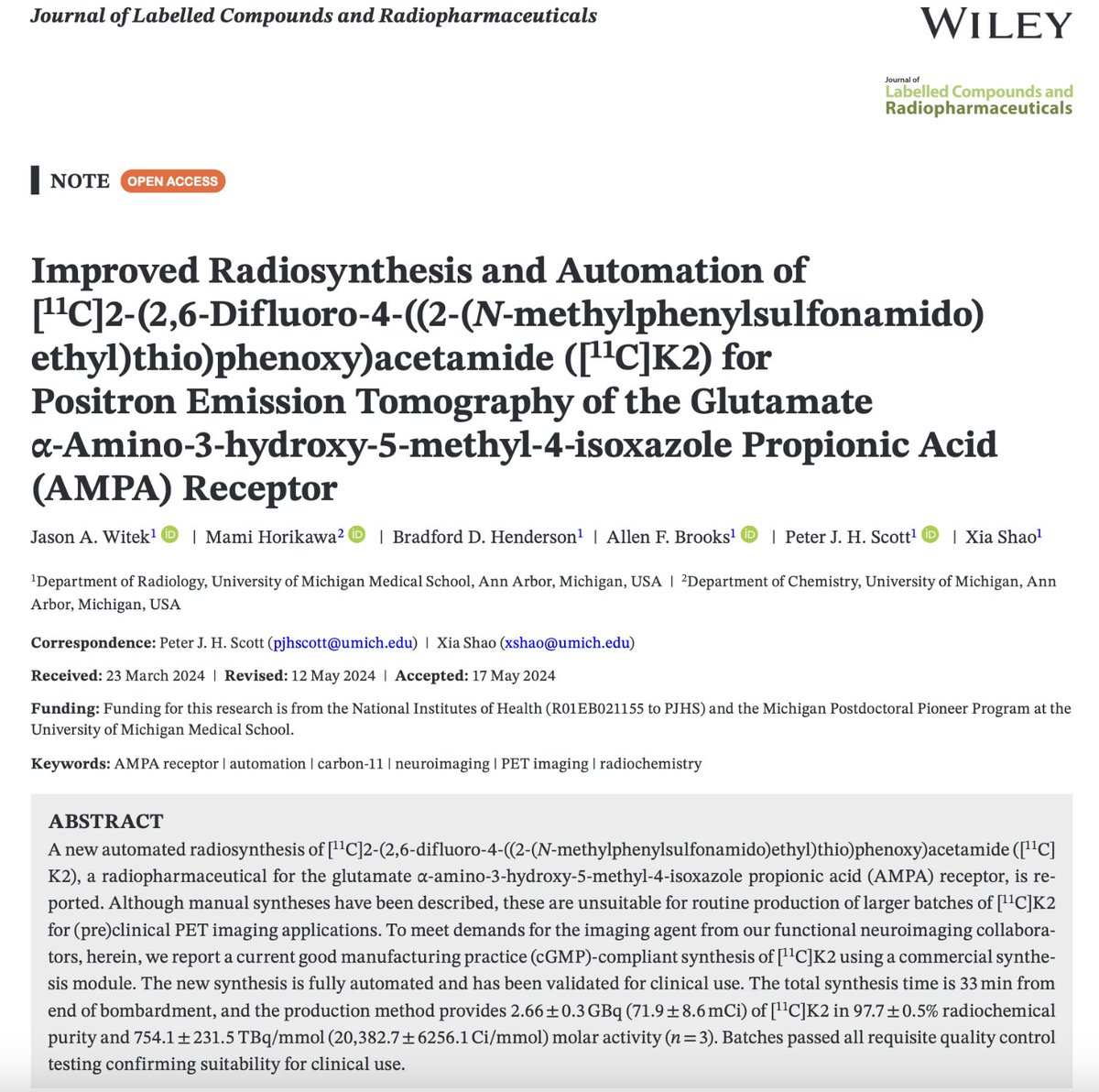 Congrats Xwitter-less Jason, Shannon, and Brad, <a href="/afallenbrooks/">Allen Brooks</a> &amp; <a href="/HorikawaMami/">Mami Horikawa</a> on their report of a new method for preparing [11C]K2 for #PET_imaging of AMPA receptors, out now <a href="/OpenAccess/">OpenAccess</a> in the Journal of Labelled Compounds and Radiopharmaceuticals: …iencejournals.onlinelibrary.wiley.com/doi/10.1002/jl…