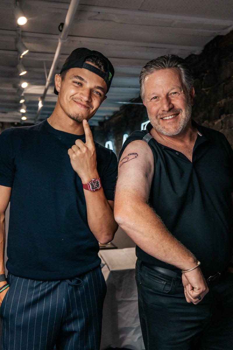 McLarenF1's tweet photo. This time for Lando’s win, @ZBrownCEO has done it again! 😂💉 A tattoo of the Miami International Autodrome circuit! https://t.co/iqR2Rnepr0