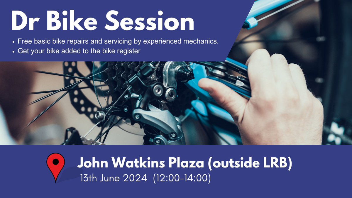Bring your bike along to our pop-up Dr Bike session in the John Watkins Plaza (outside LRB) on Thursday 13th June and get free basic bike repairs! #sustainablelse