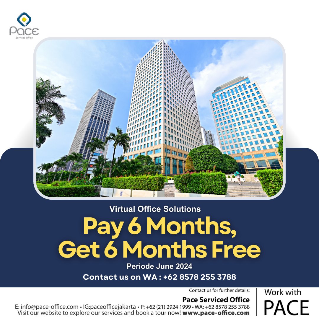 Pace_Jakarta's tweet photo. Double Down on Productivity - Pay for 6 Months, Get 6 Months FREE!

Our virtual office equips you with a professional business address that maximize your image, and provides essential services like call handling and mail forwarding – Join Now! https://t.co/Ns9EPrkcdL
