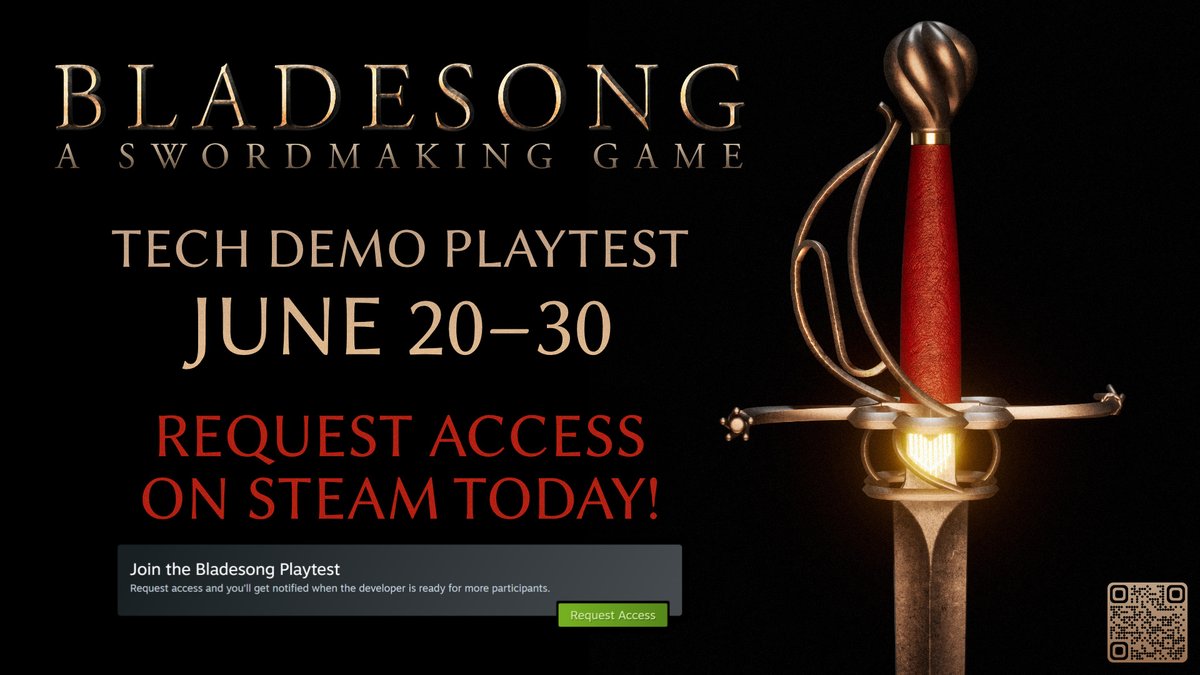 bladesonggame's tweet photo. PLAYTEST ANNOUNCEMENT ⚔️🔥
JUNE 20–30

BLADESONG takes swordmaking to a new level: Run your forge with unparalleled customization of the sword's every detail and deep analysis of its physical properties.

Sign up for the Playtest on Steam:
https://t.co/4w3G5QEE7g

#PitchYaGame https://t.co/JBzsI4eCPI