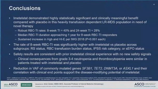 OncBrothers's tweet photo. #Imetelstat now @US_FDA approved for low or intermediate-1 risk transfusion dependent MDS based off #IMerge by @Dr_AmerZeidan:

- 8wk rate of TI higher with imetelstat
- Neutropenia &amp; Thrombocytopenia AEs

#HemeTwitter #OncTwitter @OncoAlert #Hematology https://t.co/0aAXGofTvr