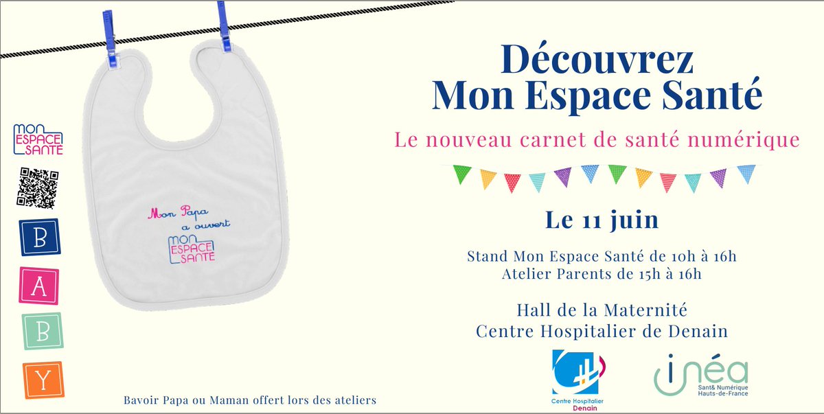 [#monespacesanté]
Santé Numérique des Hauts-de-France en collaboration avec la CPAM du Hainaut et le CHD organisent un stand d'informations sur la présentation et l'intérêt de cet outil :
📆 le mardi 11 juin 2024 de 10H à 16H
📍  dans le hall d'accueil de la maternité de Denain
