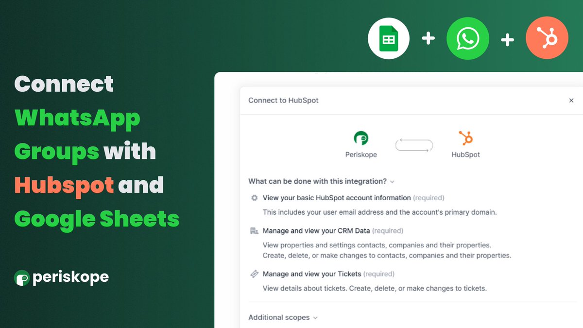Periskope (@periskope_app) on Twitter photo ✨Integrate WhatsApp Groups with Hubspot  and Google Sheets. 
➡️With the Periskope + Hubspot integration you can link any WhatsApp chat with a Hubspot contact, sync messages and tickets from WA to Hubspot, automated sequences via workflows and more
➡️With the Periskope + Google ✨Integrate WhatsApp Groups with Hubspot  and Google Sheets. 
➡️With the Periskope + Hubspot integration you can link any WhatsApp chat with a Hubspot contact, sync messages and tickets from WA to Hubspot, automated sequences via workflows and more
➡️With the Periskope + Google