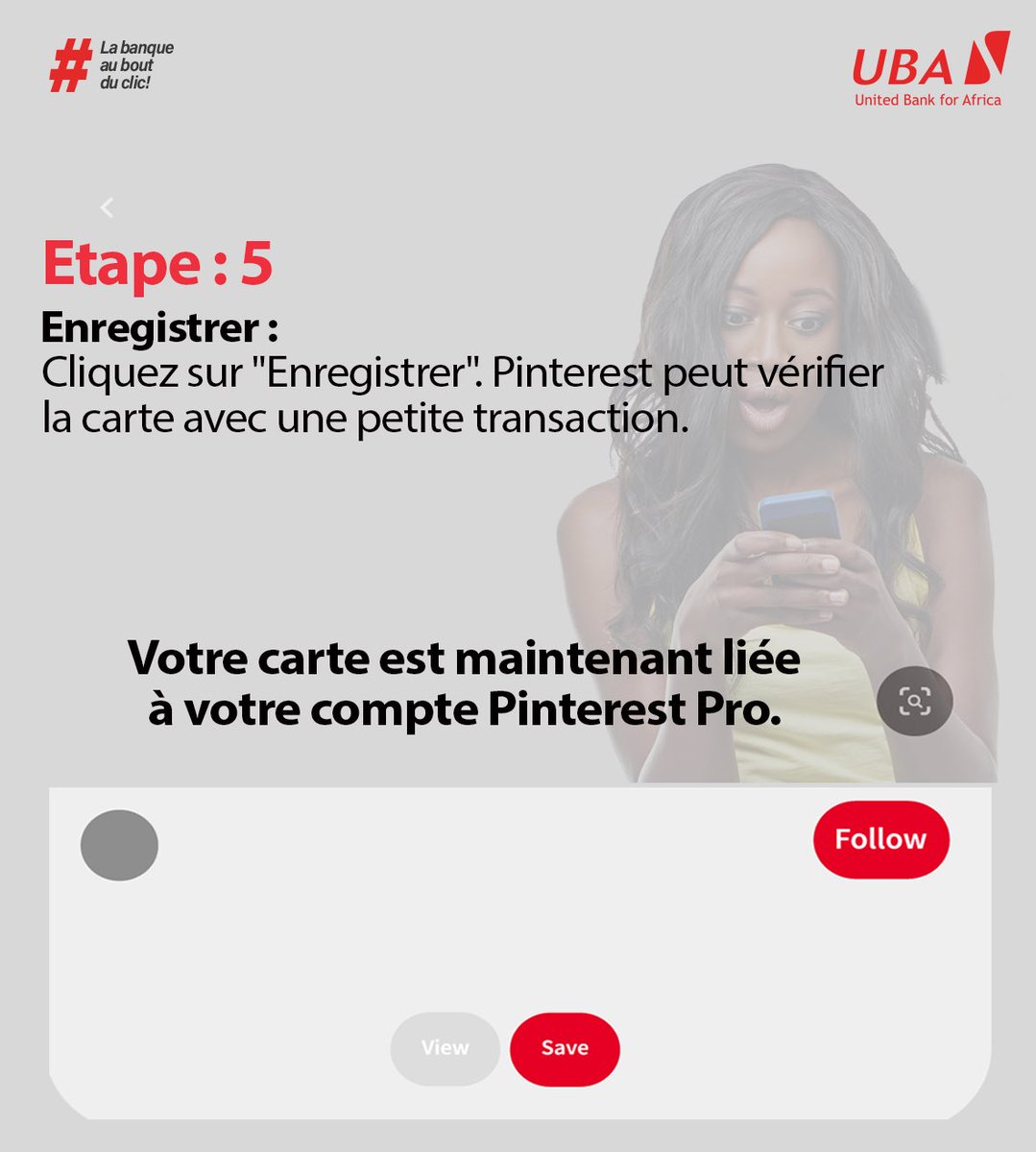 UBARDC's tweet photo. 🎉 Êtes-vous un influenceur (se) ? 🎉
La carte Visa prépayée est votre allié pour briller, même sur Pinterest ! ✨📌
Suivez ces étapes simples pour relier votre carte et distinguez-vous ! 🚀
#UBA #RDC #DistinguezVous #CartePrépayée #VISA #Pinterest #BanqueElengi #LaBanqueAuBoutDuClic
👉 Prêt à faire passer votre visibilité au niveau supérieur ? 🌟
Bon début de weekend à tous ! 🎊