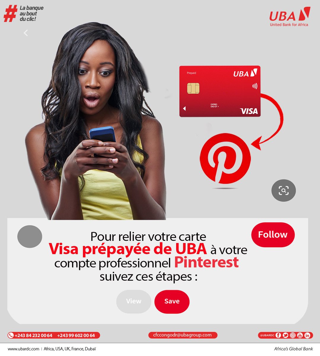 UBARDC's tweet photo. 🎉 Êtes-vous un influenceur (se) ? 🎉
La carte Visa prépayée est votre allié pour briller, même sur Pinterest ! ✨📌
Suivez ces étapes simples pour relier votre carte et distinguez-vous ! 🚀
#UBA #RDC #DistinguezVous #CartePrépayée #VISA #Pinterest #BanqueElengi #LaBanqueAuBoutDuClic
👉 Prêt à faire passer votre visibilité au niveau supérieur ? 🌟
Bon début de weekend à tous ! 🎊