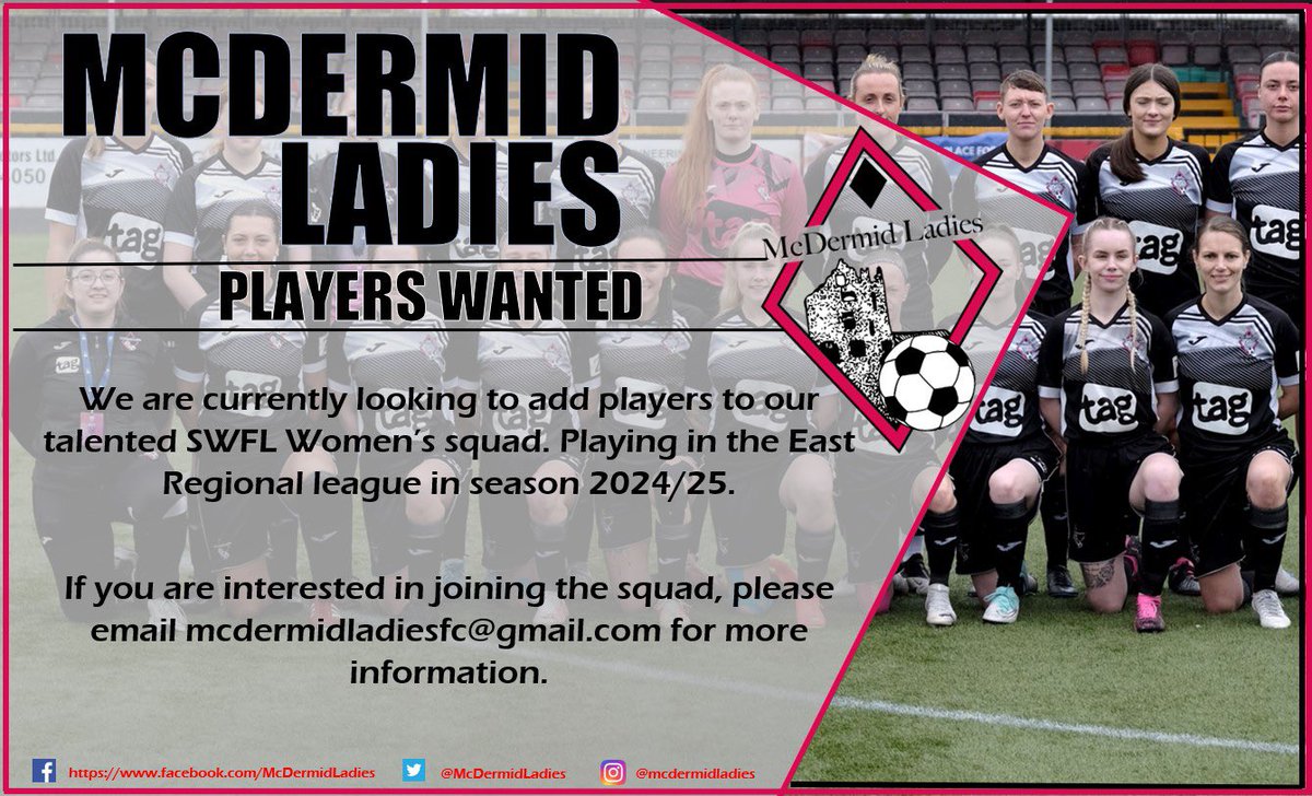 COACHING AND PLAYER OPPORTUNITIES

McDermid Ladies have coaching and player opportunities for the 24/25 season ahead. DM or email for more details and join the team ⚽️🤍