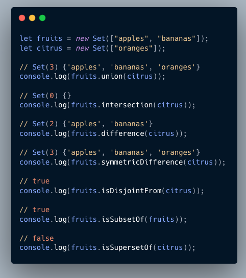 NetanelBasal's tweet photo. 🆕 @javascript Set methods: union, intersection, difference, symmetricDifference, isDisjointFrom, isSubsetOf, isSupersetOf 🚀 Browser compatibility is improving, and @typescript  support is coming in v5.5!

https://t.co/xCsbSiJM9v https://t.co/OPcgo3H5p2