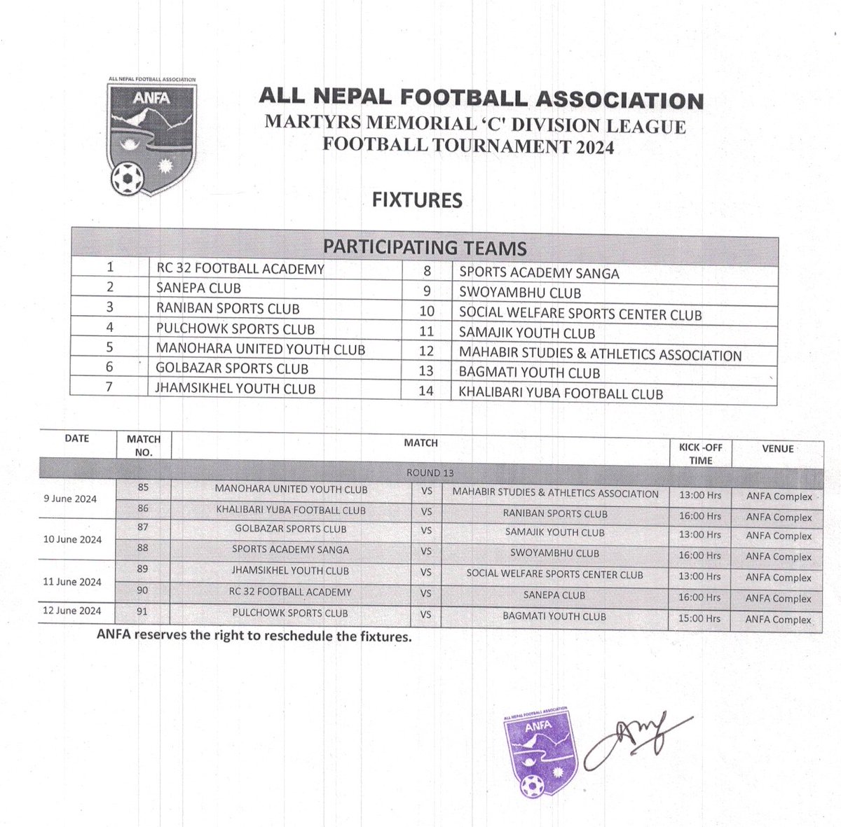 theanfaofficial's tweet photo. The 13th round fixture of #CDivision. #ANFA https://t.co/cce1AwQZEm