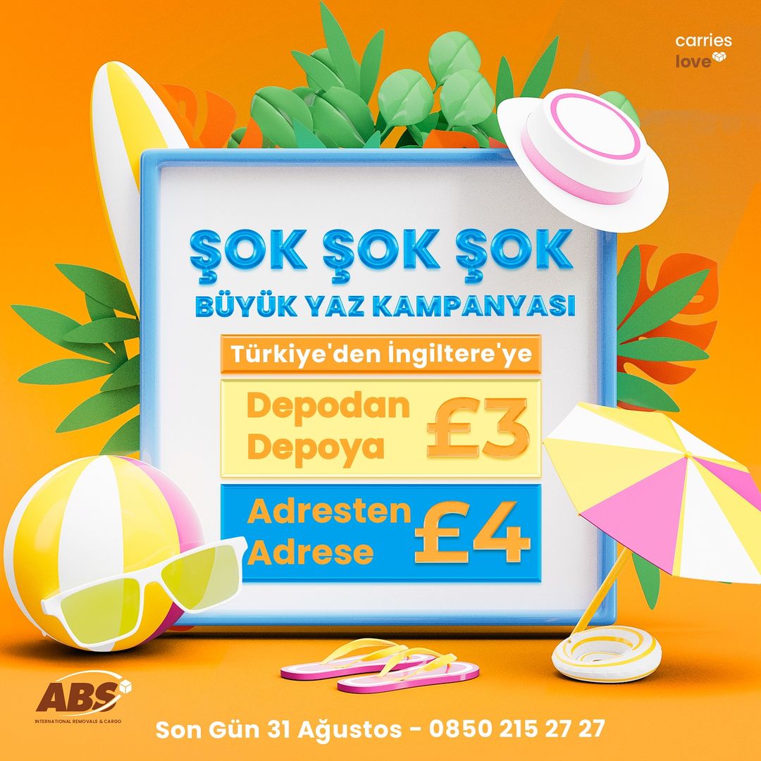ABS_Transport's tweet photo. ABS’den Büyük Yaz Kampanyası🌴🏖️

Türkiye’den İngiltere’ye kargo ve paketleriniz, depodan depoya sadece £3, adresten adrese sadece £4 📦🚚

Kampanya için son gün 31 Ağustos! Bu kampanyadan yararlanmak için bizimle iletişime geçebilirsiniz.

📞 0850 215 27 27 https://t.co/OcZqZHwmK4