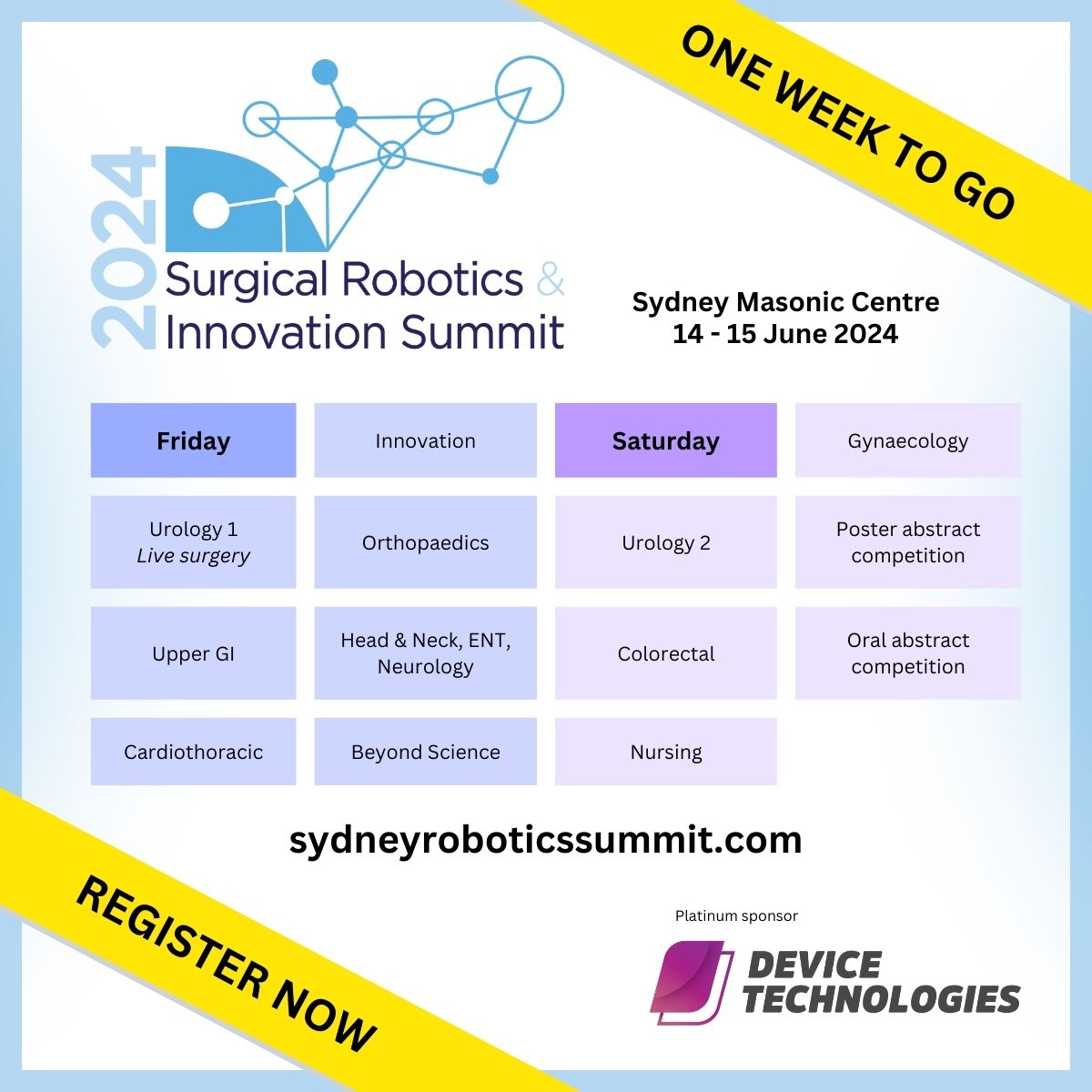 Surgical Robotics + Innovation Summit (@roboticssummit) on Twitter photo Only one week left! Have you got your tickets to #SRIS2024?
Registration is still open: sydneyroboticssummit.com/registration/
Learn more about upcoming surgical advances and ideas from speakers across Australia and around the world.
#Robotics #surgery #innovation @Device_robotics <a href="/devicetech/">Device Technologies</a> Only one week left! Have you got your tickets to #SRIS2024?
Registration is still open: sydneyroboticssummit.com/registration/
Learn more about upcoming surgical advances and ideas from speakers across Australia and around the world.
#Robotics #surgery #innovation @Device_robotics <a href="/devicetech/">Device Technologies</a>