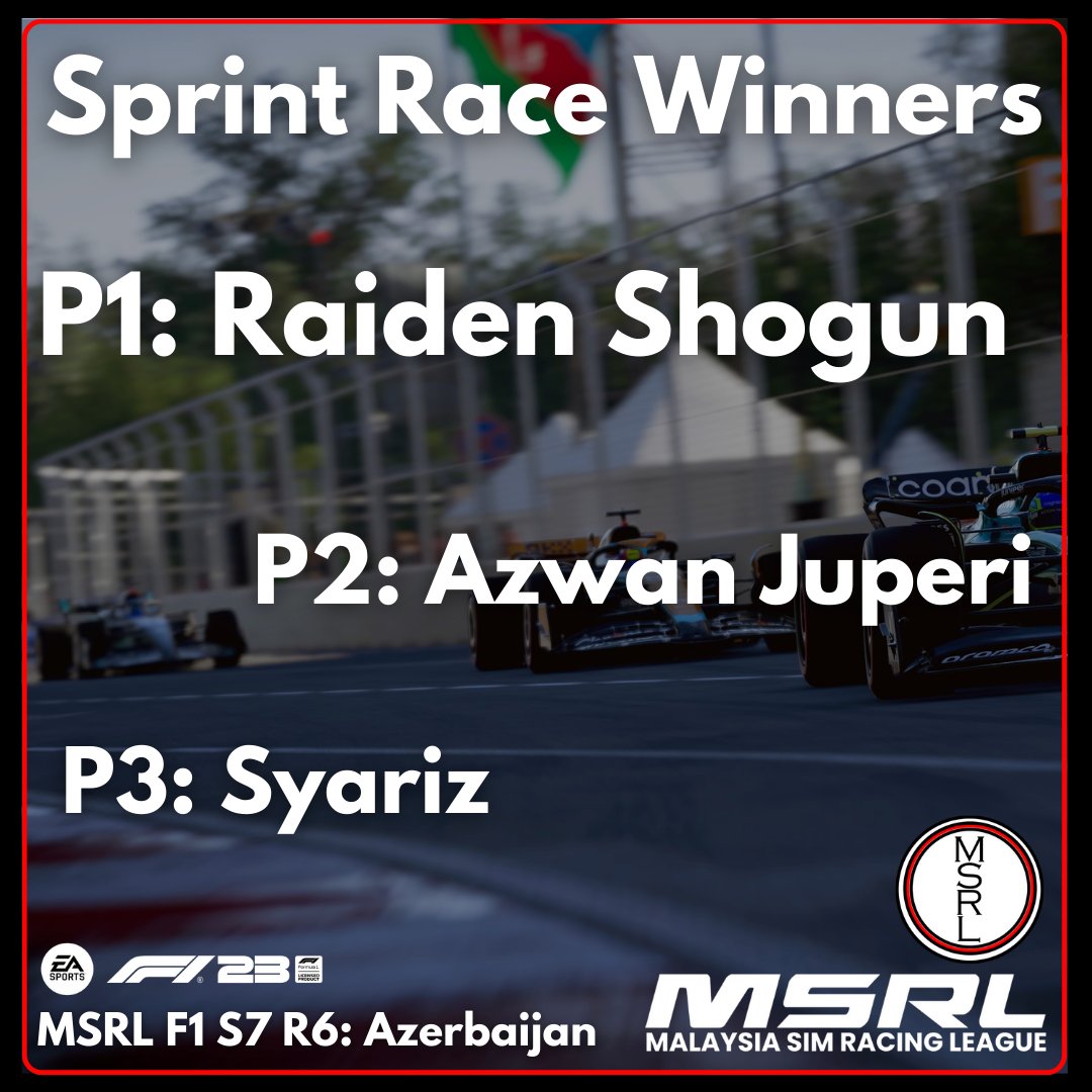 MalaysiaSimRL's tweet photo. Round 6 of Season 7 took us to the Baku City Circuit, for the Azerbaijan Grand Prix, featuring a Reverse Grid Sprint.

Here are your Sprint race winners.

#f123 #malaysiasimracingleague #malaysiasimracing #simracing #azerbaijangp #leagueracing https://t.co/bBontOT5Ba