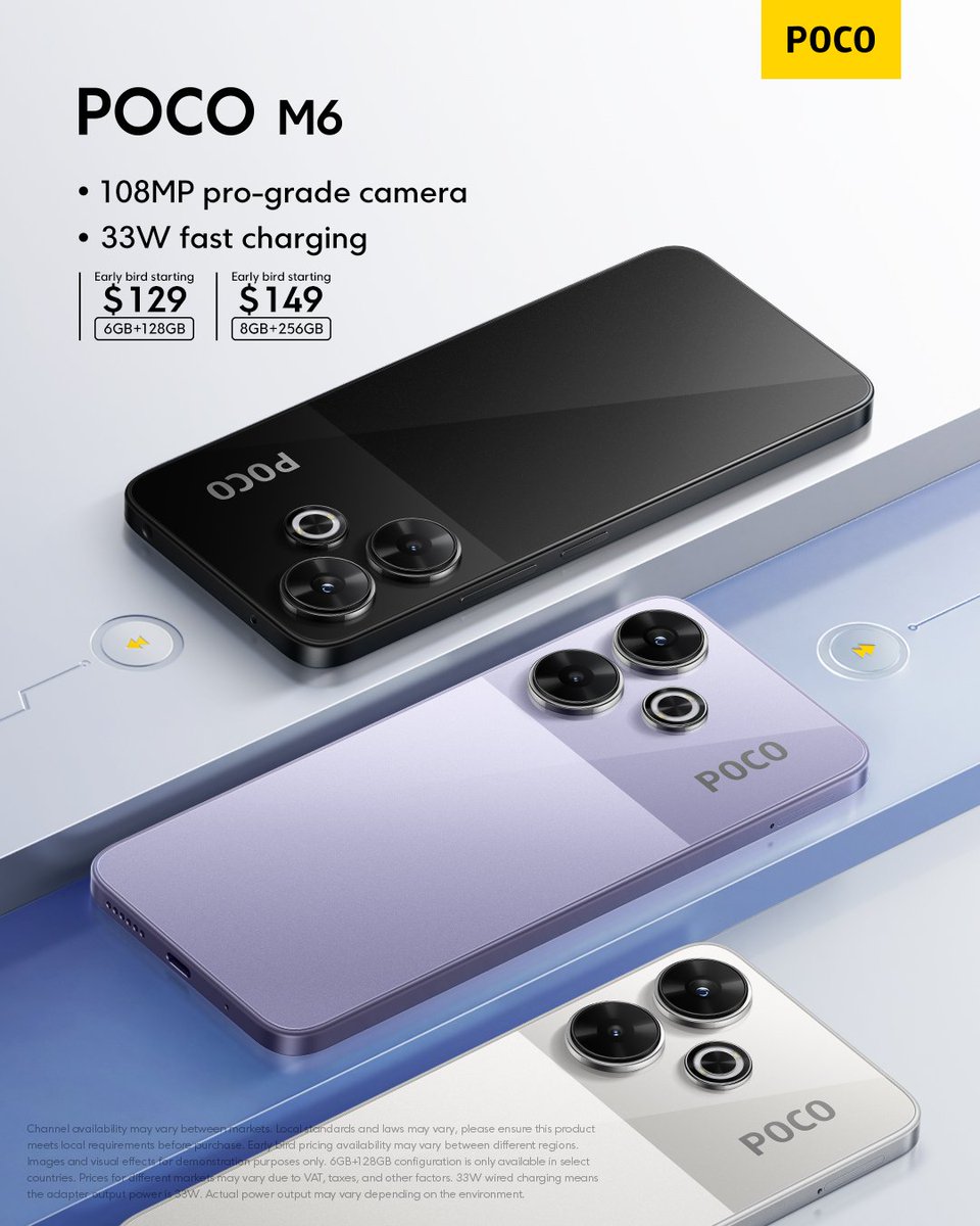 ZionsAnvin's tweet photo. Poco M6 is launching on June 11 gloablly

- 108MP main camera 
- 33W fast charging
- 6GB+128GB:$129
 -8GB+256GB: $149 
(early bird prices)

#Poco #PocoM6 https://t.co/DyCR445Hz7