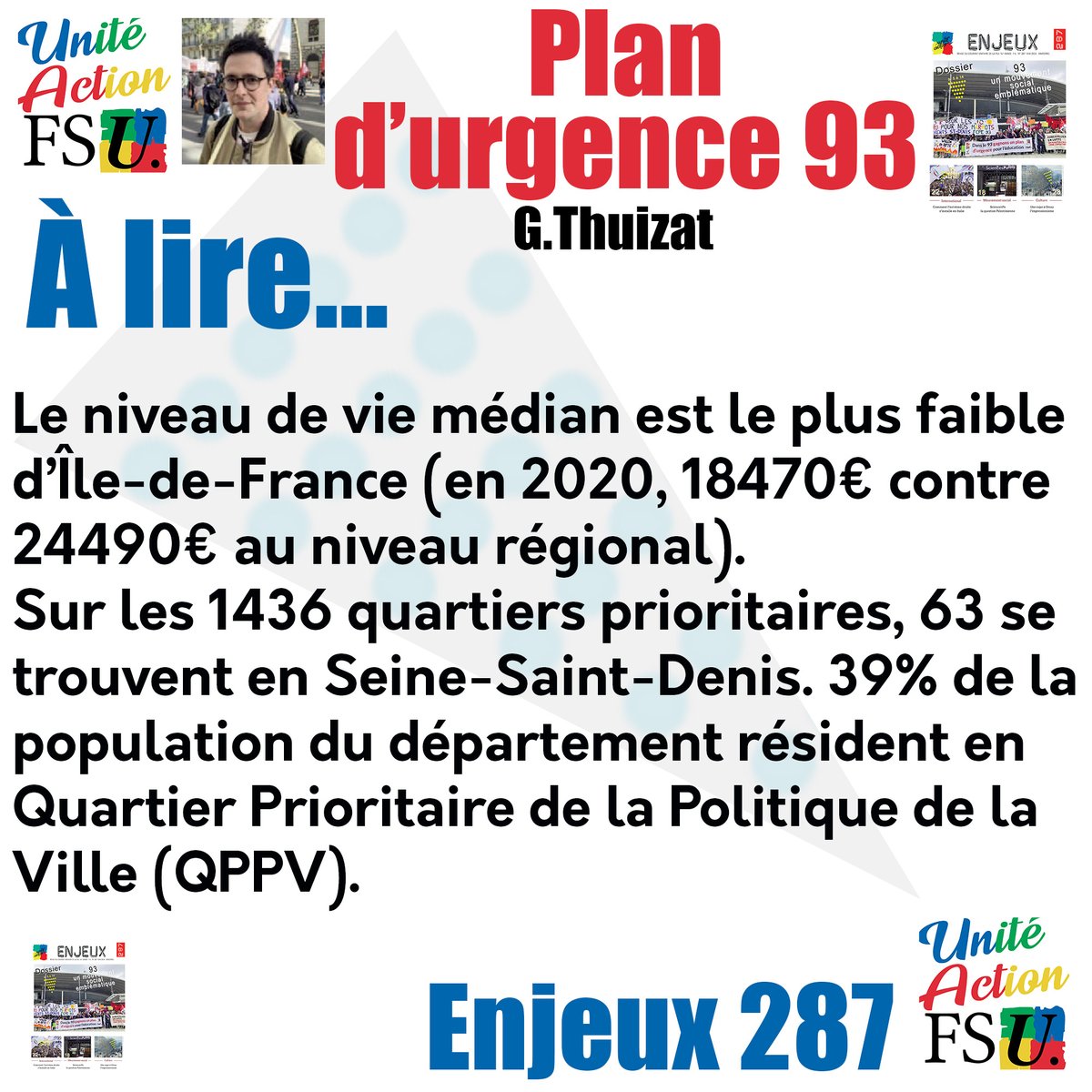 UniteActionFSU's tweet photo. Le niveau médian dans le 93 est le plus faible d'Île de France ! 39% de la population du département résident en Quartier prioritaire de la politique de la ville #QPPV #plandurgence93 @snesfsu93 
Retrouvez la revue "Enjeux" et abonnez-vous !
https://t.co/rsomvItwUk https://t.co/mKjKr8VLuK