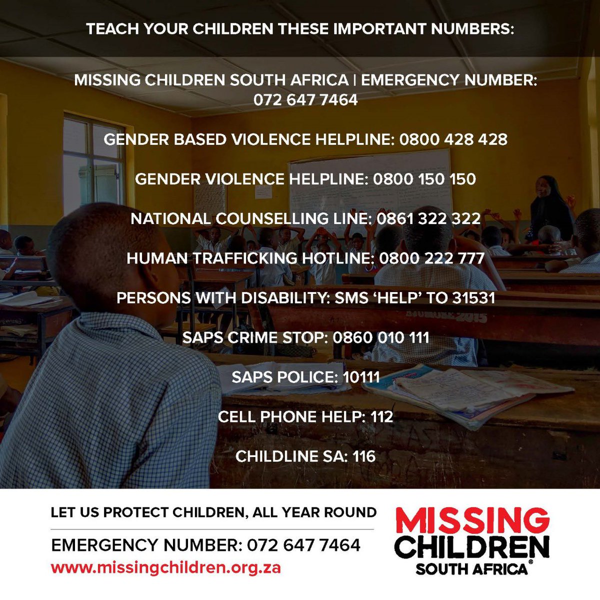 072MISSING's tweet image. #MissingChildrenSouthAfrica supports #NationalChildProtectionWeek!

As #ChildProtectionWeek2024 draws to a close, we pray that the protection of all our children will remain top priority in everyone’s lives.

Report child abuse, neglect and exploitation.
#DoNotRemainSilent