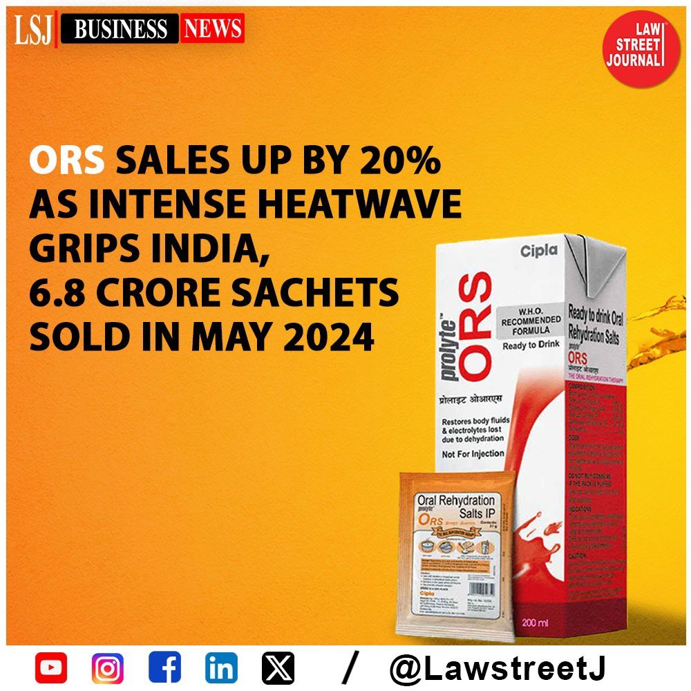 LawstreetJ's tweet photo. As India faces an intense heatwave, the sales of #OralRehydrationSolution (ORS), a dehydration-preventing drink, have surged. According to Pharmatrac data, sales have spiked by over 20 percent this sweltering May compared to last year.
High temperatures significantly impact health, causing conditions like diarrhea, which result in excessive water and electrolyte loss. #ORS, a cheap and effective solution, helps counter these effects.
@Cipla_Global | @MoHFW_INDIA