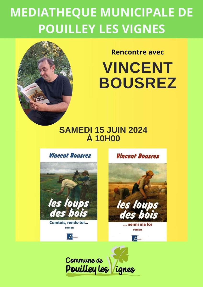 Je serai à la médiathèque de Pouilley-les-Vignes samedi 15 juin à 10h pour y présenter ma saga historique comtoise LES LOUPS DES BOIS. #franchecomte #doubs #besancon
