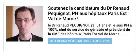 Le Dr Renaud PEQUIGNOT, est PH en #gériatrie, président de la CME des hôpitaux Paris Est Val de Marne &amp; tête de liste en spécialité médecine pour la CSN et le CD. Son portrait ici : jeunesmedecins.fr/actualites/sou… Pour le faire élire, votez #JeunesMédecins aux élections à l'hôpital ! 🗳️