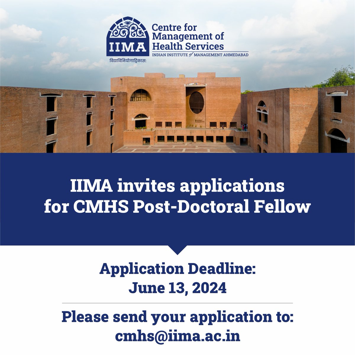 CMHS @ IIMA (@cmhsiima) on Twitter photo 🚨 Attention everyone! The deadline for the PDF Position has been extended by one week! You now have until June 13, 2024, to apply. Don’t miss out on this opportunity—apply now!
#CareerOpportunity #Postdoc #HealthcareResearch #CMHS
<a href="/VishyPingali/">Vishy Pingali</a> <a href="/Hyderabadi_chai/">Tarun Jain तरुण जैन</a> <a href="/rajeshChandwa10/">rajesh Chandwani</a> 🚨 Attention everyone! The deadline for the PDF Position has been extended by one week! You now have until June 13, 2024, to apply. Don’t miss out on this opportunity—apply now!
#CareerOpportunity #Postdoc #HealthcareResearch #CMHS
<a href="/VishyPingali/">Vishy Pingali</a> <a href="/Hyderabadi_chai/">Tarun Jain तरुण जैन</a> <a href="/rajeshChandwa10/">rajesh Chandwani</a>