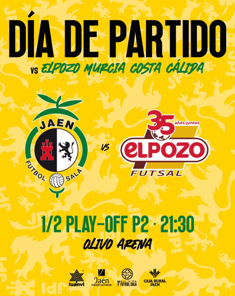 JaenFS's tweet image. 💛 DÍA DE PARTIDO 💛

▶️ 𝗝𝗮𝗲́𝗻 𝗮𝗹 𝗰𝗼𝗺𝗽𝗹𝗲𝘁𝗼 juega hoy en casa

⚽️ 21:30 🆚 @ElPozoMurcia_FS
🏟️ Olivo Arena

📺 @fef_tv

🎫 Anticipadas hasta las 17:00
🎟️ Taquilla desde las 19:30

⚡️ ¡VAMOS JAÉN!

#PrimeraDivisiónFS #FutsalRFEF #SomosJaén💛