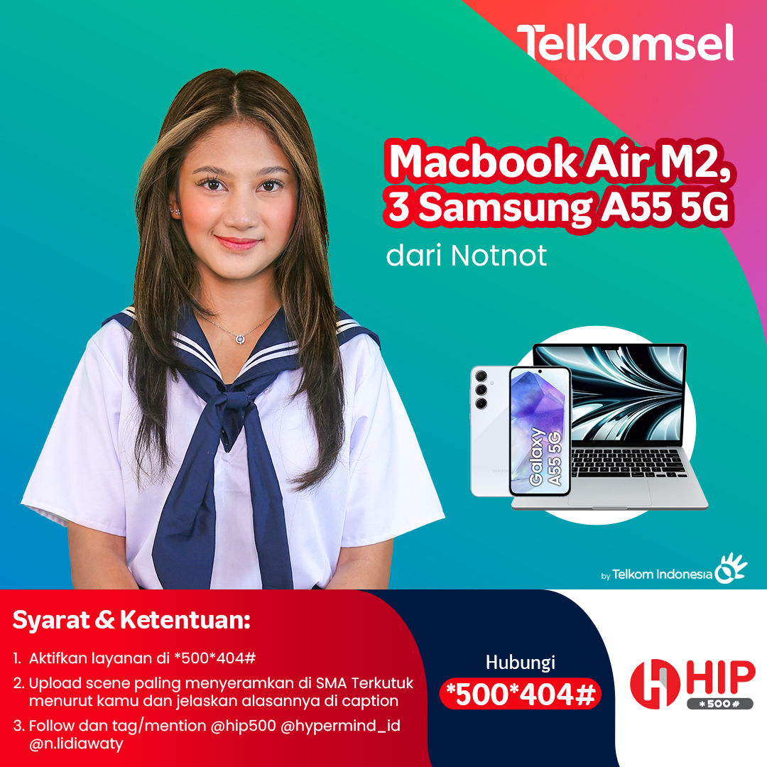 Telkomsel's tweet photo. Mau dapetin konten eksklusif + hadiah Macbook Air M2 sampai smartphone Samsung A55 5G dari Notnot?
Yuk, upload scene paling menyeramkan di SMA Terkutuk versi kamu dan hubungi *500*404# untuk ikutan #NgeHIPBarengTerkejutXNotnot! Good luck~
#hip500 #telkomsel #ngehipbareng https://t.co/8ia1btyZXH