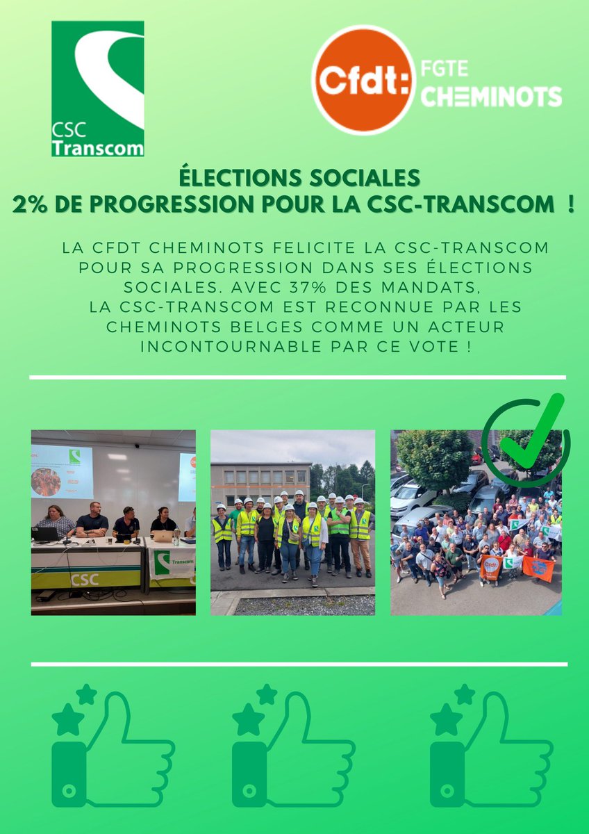 Félicitations à nos amis 🇧🇪de longue date de <a href="/csctranscom/">csctranscom</a> <a href="/MarianneCSC/">Marianne Lerouge</a> pour leurs élections sociales ! 🏆✊✅
Les équipes étaient au plus près du terrain avec le #TranscomTour et ça paye ! ↗️+2% 

👏👏👏👏