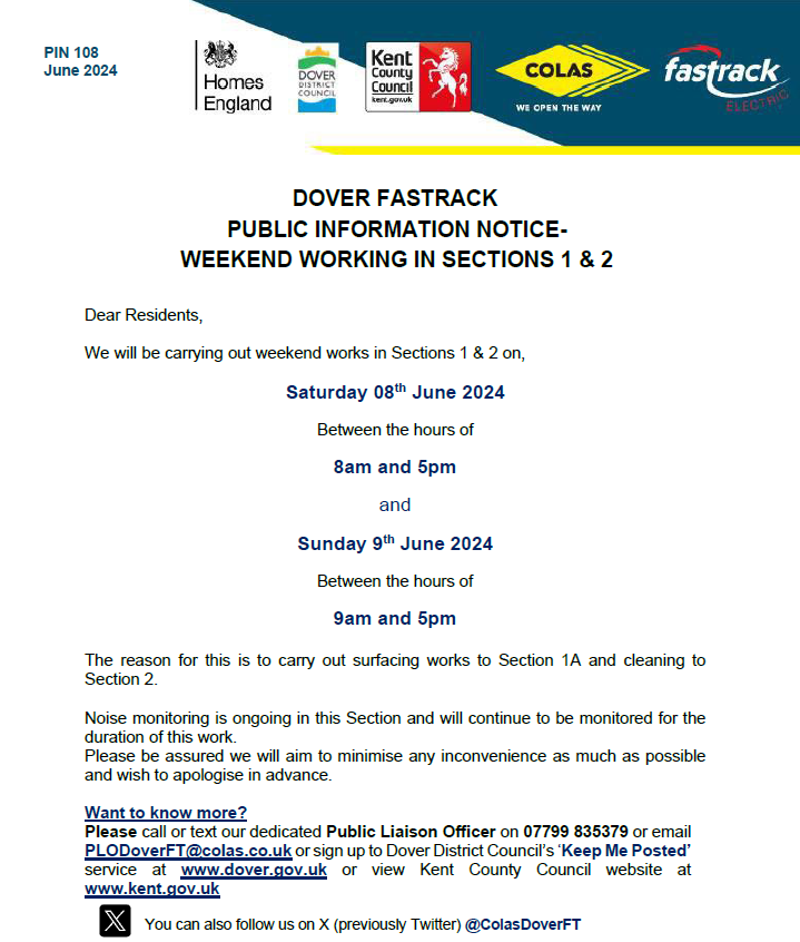 PIN 108 - Weekend working in Sections 1 and 2
<a href="/DoverDC/">Dover District Council</a> <a href="/Kent_cc/">Kent County Council</a> <a href="/KentHighways/">KCC Highways</a>
