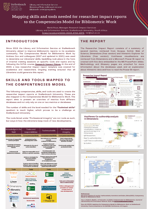 My poster "Mapping skills and tools needed for researcher impact reports to the Competencies Model for Bibliometric Work" was presented this week at the BRIC Conference in Vancouver. Unfortunately, I could not attend, but they allowed me to send the poster. Thank you colleagues!