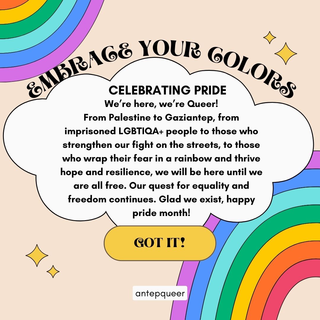 AntepQueer's tweet photo. BURADAYIZ AŞKIM! Onur ayımız kutlu olsun! 🏳‍🌈🏳️‍⚧️ https://t.co/v8DZ3XGwqE