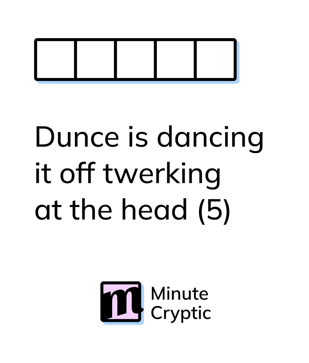 Cryptic crossword clue #19: Dunce is dancing it off twerking at the head (5)

Clue explanations: tiktok.com/@minutecryptic