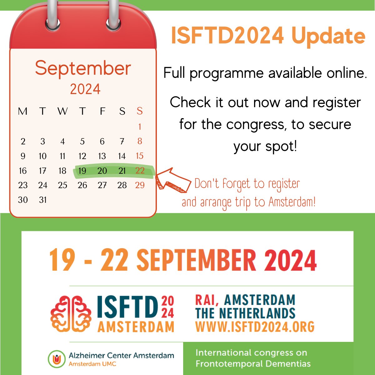 The full programme of #ISFTD2024 is now available! Find it at: isftd2024.org/programme-2024/

In addition, registration for Caregivers day has opened. For more information, see: isftd2024.org/programme-care…