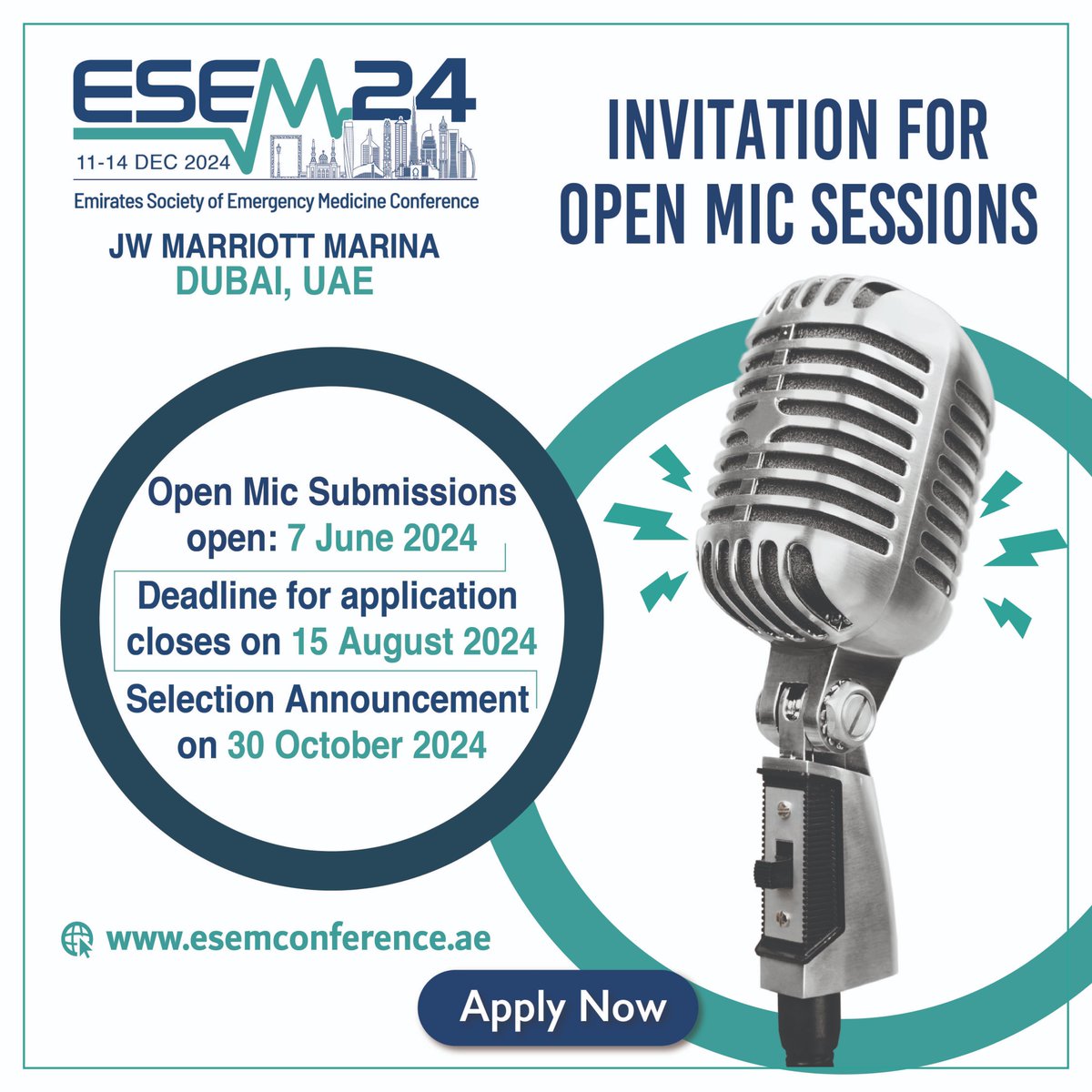 UAE_ESEM's tweet photo. ๐ค Invitation for the Open Mic Session at ESEM24!
The Emirates Society of Emergency Medicine invites all emergency medicine professionals to share innovative ideas and insights during this exclusive session.
https://t.co/9vNCdFW4A8
#ESEM24 #EmergencyMedicine #OpenMicSession https://t.co/tOt9CGIaCz