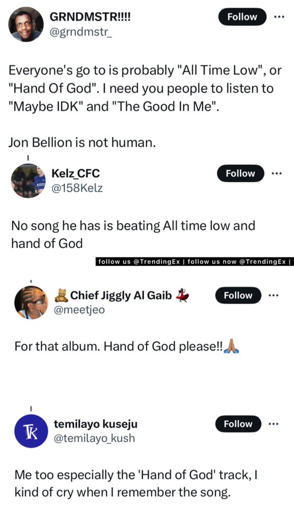 TrendingEx's tweet photo. Hand of God is trending because Jon Bellion fans are saying Hand of God is his best song ever. https://t.co/ReFK3vyxcP