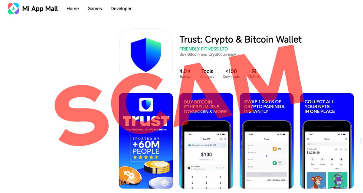 TrustWallet's tweet photo. 🚨 Scam Alert 🚨

We are aware of a number of fake (scam) Trust Wallet apps available on both the Xiaomi & Amazon stores. Please do not try to download these. We have submitted requests for these to be taken down and hope that this will be resolved soon.

Please exercise due diligence when downloading the Trust Wallet app - be sure that the app is the official one.

You can be sure that the app you are downloading is our official app by heading to our website https://t.co/8I87I6Sb0S and following the direct links to iOS (App Store), Android (Google Play Store), Trust Wallet Extension (Google Chrome Store).

Stay SAFU fam 💙