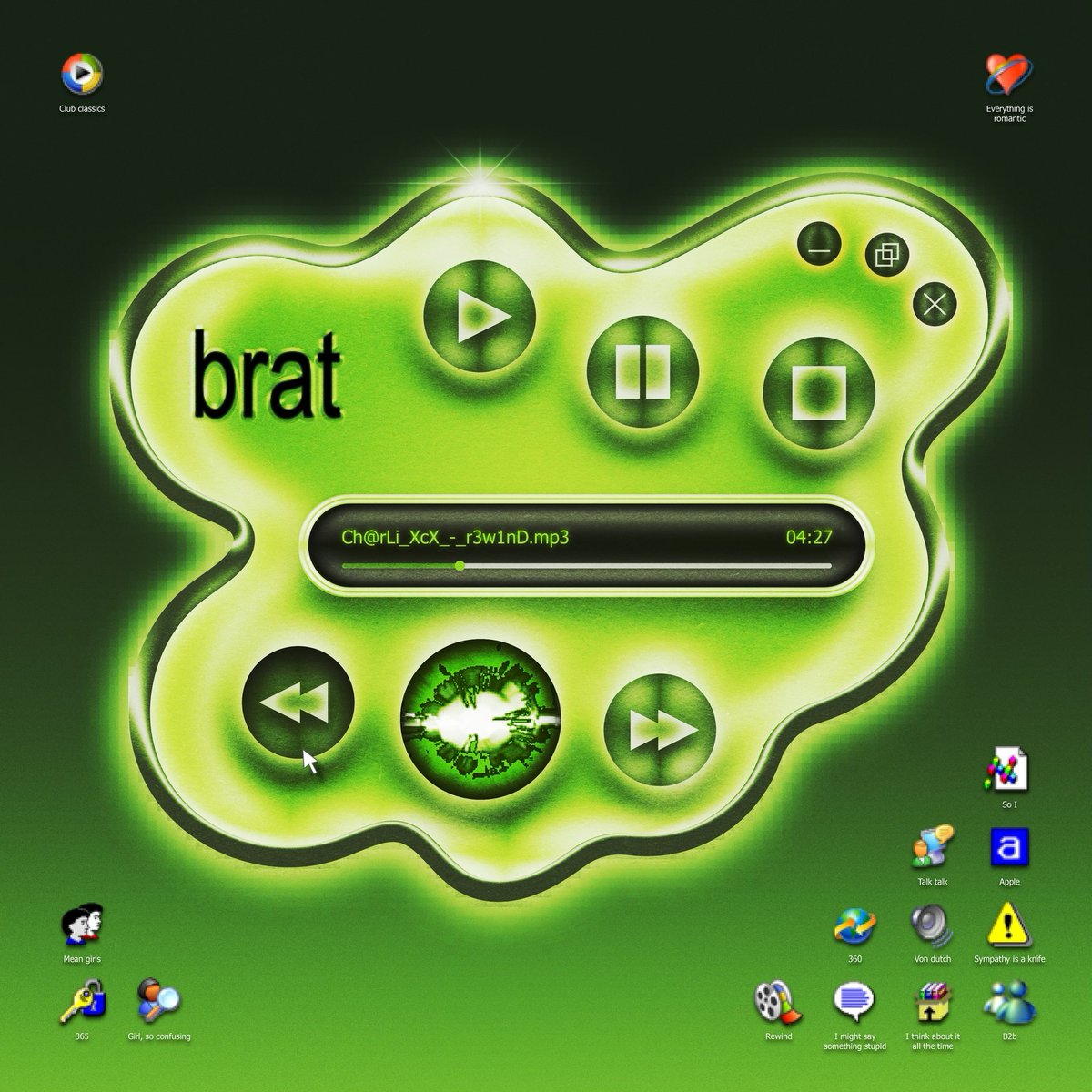 ohfourtwoseven's tweet photo. Happy #BRAT day!!! Celebrating @charli_xcx new album with this windows XP / windows media player inspired artwork as this is what the album feels like to me 🟩💚📟🍏🦠🔫 https://t.co/ogZGQpnmI3
