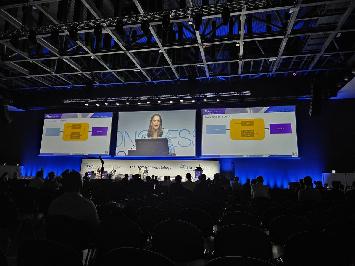 Great morning session on "Research in the era of #AI" at #EASLCongress headed by <a href="/C_V_Schneider/">Carolin V. Schneider, MD</a> and <a href="/jnkath/">Jakob Nikolas Kather</a>, including an amazing talk by <a href="/IsabellaWies/">Isabella Wiest</a> about prompt engineering. Thank you for the interesting discussion,too! <a href="/EASLnews/">EASLnews</a>