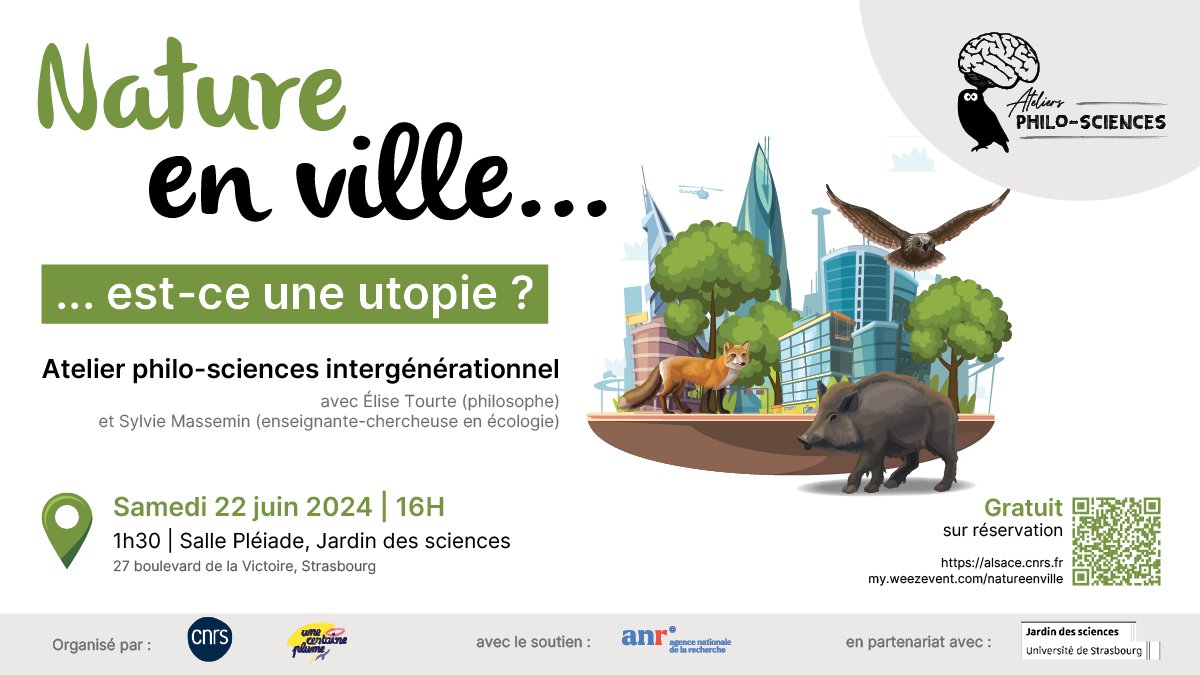 CNRS_Alsace's tweet photo. #Nature en ville : utopie ? 🐗🌳🏙️
Interrogez-vous en atelier avec une #philosophe et une chercheuse en #écologie
📌 Jardin des sciences, Strasbourg
💁‍♀️7 ans et +
🗓️ Sam. 22/06 16h https://t.co/LsGjiqze9U
@IPHC_Strasbourg @AgenceRecherche #SAPSCNRS #ANR_AActus #EliseTourte https://t.co/9w7hDQyqYD