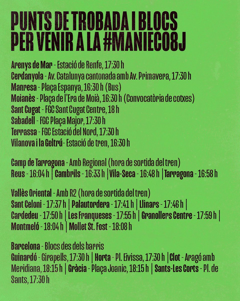 🟢📍Punts de trobada i blocs per venir a la #ManiEco8J 

Tot un territori mobilitzat per dir prou. Prou a l'especulació del territori i els recursos bàsics, prou de prioritzar als turistes i no les veïnes, prou de capitalisme.

Ens veiem totes a les 19h a Arc de Triomf ✊🏽