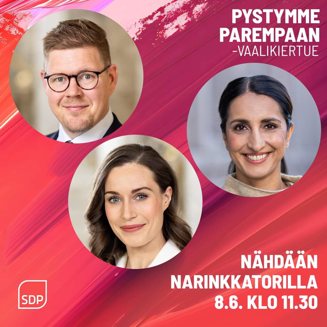 Narinkkatorilla LAUANTAINA 8.6. klo 11.30 paikalla <a href="/MarinSanna/">Sanna Marin</a> sekä SDP:n puheenjohtaja <a href="/AnttiLindtman/">Antti Lindtman</a> ja varapuheenjohtaja <a href="/NasimaRazmyar/">Nasima Razmyar</a> sekä EU-vaaliehdokkaitamme.

🇪🇺 EU-vaalit käydään su 9.6. Löydä oma demariehdokkaasi: sdp.fi/ehdokkaat