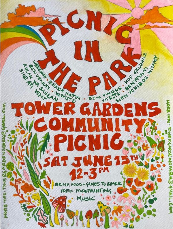 TowerFriends's tweet photo. Community picnic in Tower Gardens Park Sat 15 June from 12-3pm. There’ll be face painting &amp; music! Bring food &amp; games to share. 

Light gardening &amp; tidy up in the park from 10am. All welcome to help with this &amp; setting up if you fancy it! 

Look forward to seeing you there! ☀️ https://t.co/WmAJHXhSWA