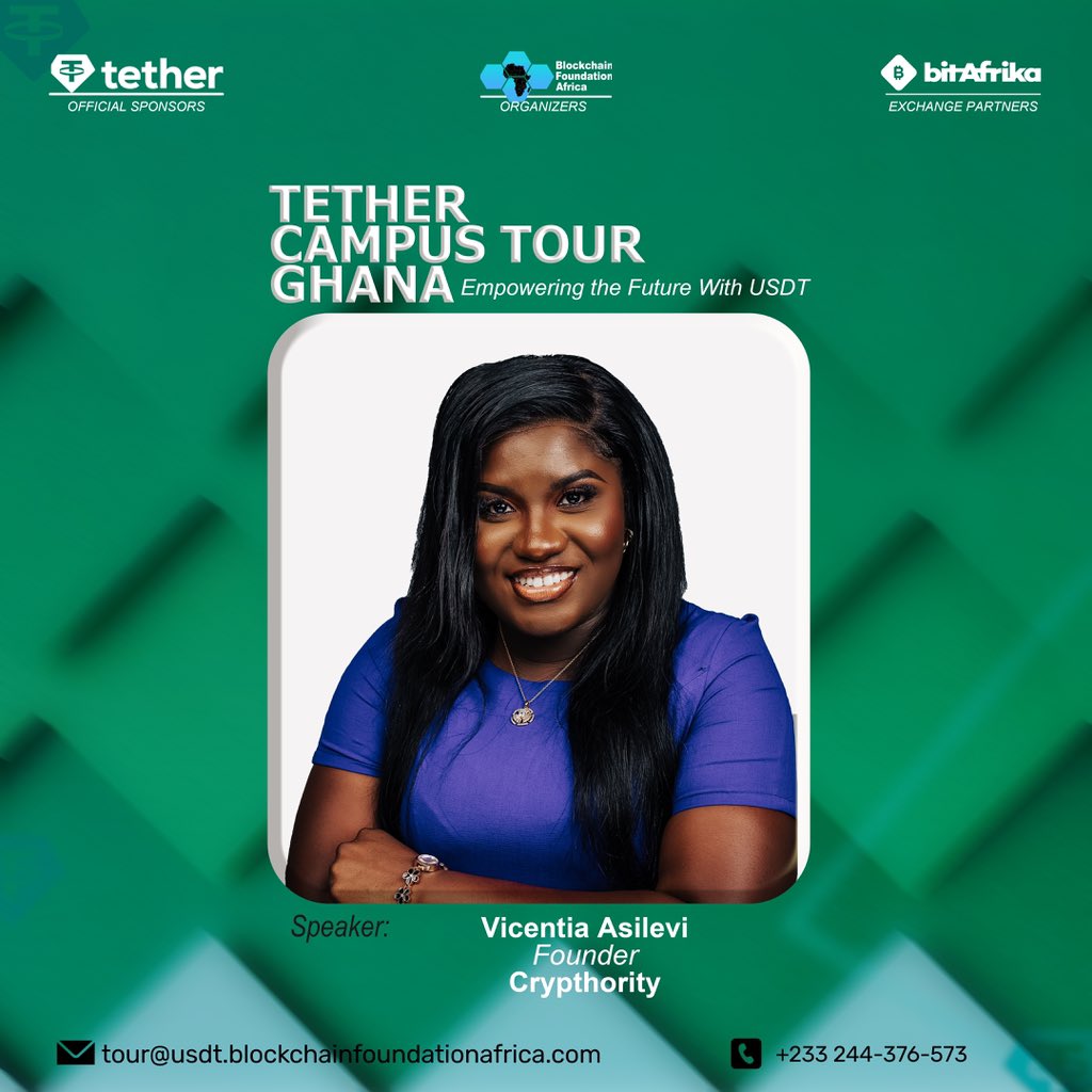 bcfafrica's tweet photo. A thread 🧵 

Meet the Speakers 📍📍
A group of resourceful Intellectuals to educate us and shine the light to the path  of our journey, into the Future of Stablecoins 🎁🎁
#tethercampustourghana
#Usdtgiveaway 
#BlockchainGH #BlockchainAfrica
#Stablecoin

1️⃣ 
Vicentia Asilevi
Founder-Crypthority