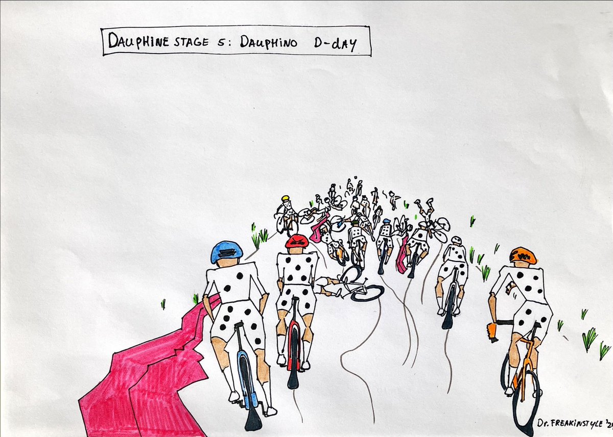 DrFreakinstyle's tweet photo. Dauphine stage 5: Dauphino D-day. @dauphine @UCI_cycling @Eurosport_NL #cycling #cyclingcartoons #wielrennen #crash #valpartij #domino #wielrenstrip https://t.co/5abFaLOgmj
