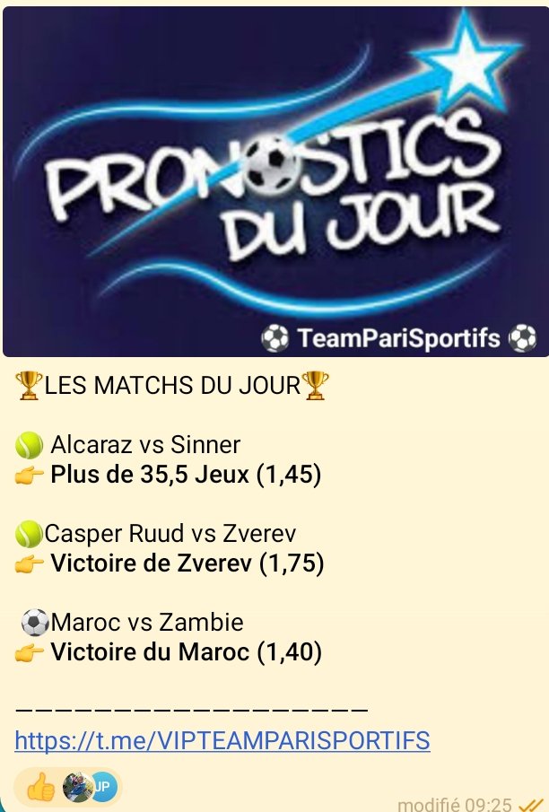 jp_pronos's tweet photo. #Pronostiques du jour 
#rolandgarros #Maroc #Zambie 
#coupedumonde #TeamParieur #messiworld #Cash #bet #Betclic 
#telegram 
Pour nous rejoindre 

https://t.co/dF53iSZneA https://t.co/Zdeq9Mwe58