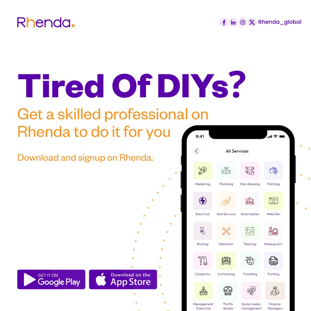 rhenda_global's tweet photo. Get the professional service you need. Find skilled professionals to meet your needs on Rhenda.
Download and sign up on the Rhenda App!
#rhenda #artisans #artisansinnigeria #freelancers https://t.co/AlugJ7xZL8