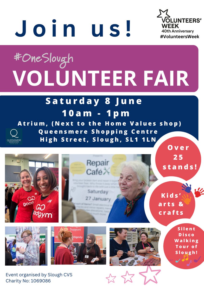 Join us at the #OneSlough Volunteer Fair TOMORROW, June 8, 10am-1pm at The Queensmere Observatory Shopping Centre #Slough. Connect with 25 local charities &amp; groups and kickstart your volunteering journey -oneslough.org.uk #VolunteersWeek #MonthofCommunity